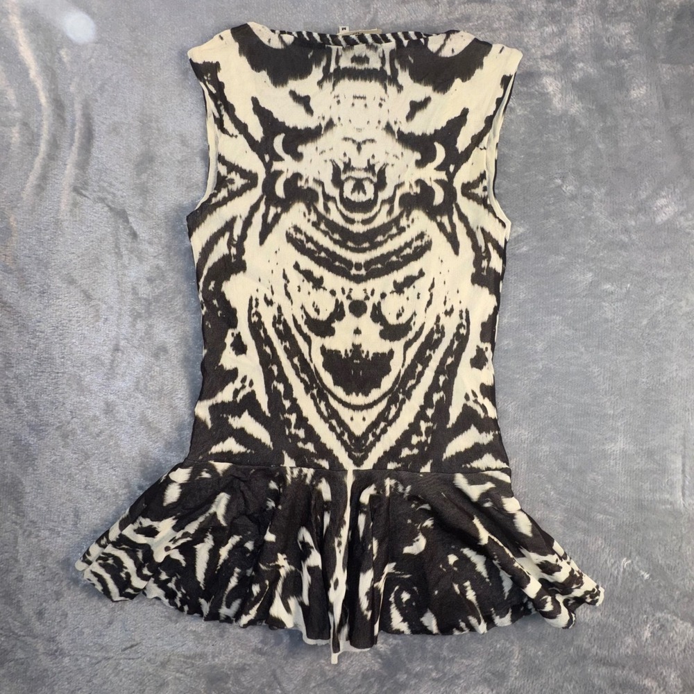 FUZZI Women's Medium Black White Abstract Peplum Tank Top Mesh Made in Italy Y2K - Picture 5 of 7